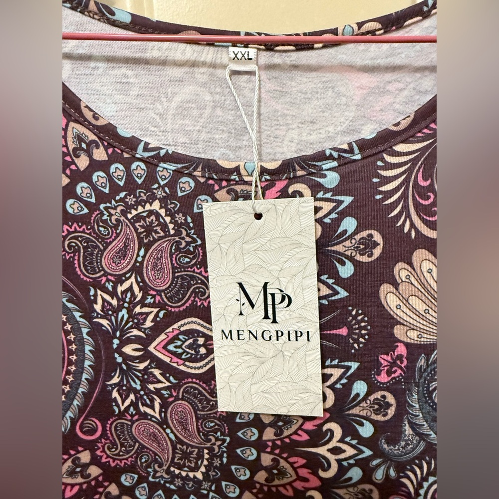 Mengpipi Paisley Print Dress Scoop Neck Long Sleeves Gathered Waist Pockets XXL - Picture 2 of 5